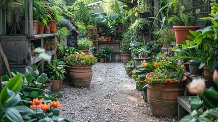 Fototapeta na wymiar A peaceful gravel pathway meanders through a lush nursery garden, flanked by a diverse collection of vibrant potted plants and flowers.
