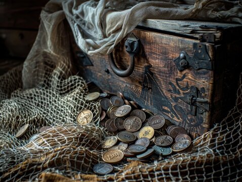 Spilled pirate treasure from a chest with rustic coins and netting