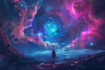 The year 2025 adorned in stardust and vibrant nebula colors heralding futuristic beginnings - obrazy, fototapety, plakaty