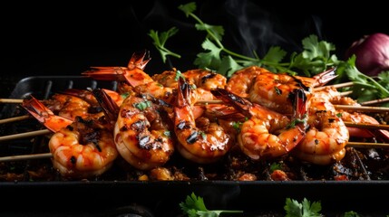 Skewers of marinated bbq prawns grilling to perfection