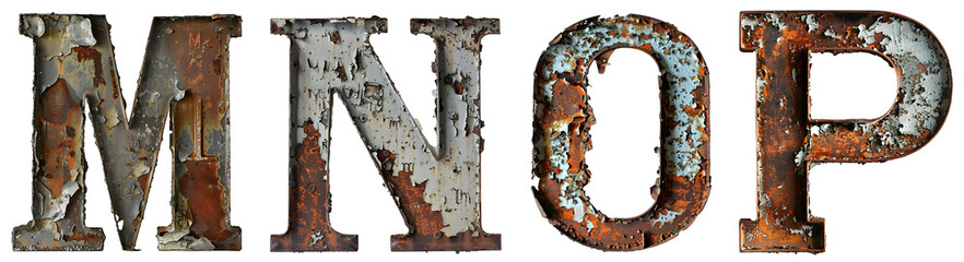 Old rusty metal alphabet Letter M, N, O, P Isolated on transparent background cutout - Generative AI	 - obrazy, fototapety, plakaty