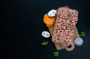 Plant-based vegetarian mince meat produced from vegetables and mushrooms for a plant diet.