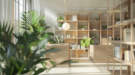 a zoom background photo of a minimalist modern office with a bookshelf and plants, - obrazy, fototapety, plakaty