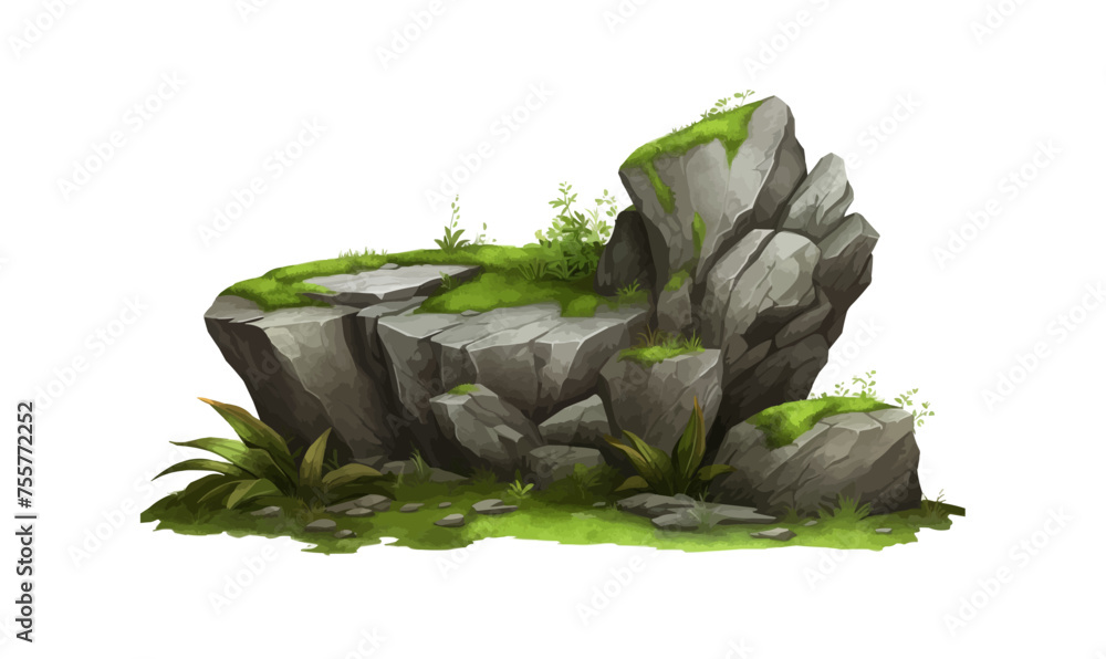 Poster rocks with moss 3d game asset isolated vector style with transparent background illustration