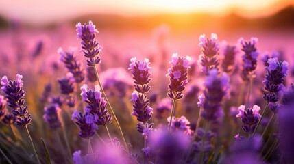 Fototapeta premium The golden hour glow on a field of lavender