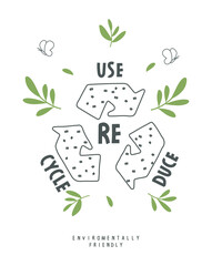 Vector cartoon sketch of recycling sign with a call to reuse, reduce, recycle.
Sustainable lifestyle. Plastic free ecological poster. Zero waste Concept.

