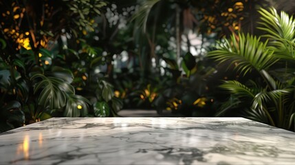 an empty marble table for product placement with blurry plants and blurry lights in the background 