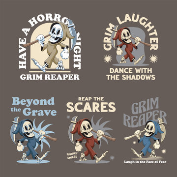 Set of Halloween Horror Cute Grim Reaper Skull Bones Scythe Death Retro Mascot Character Cartoon Illustration Design