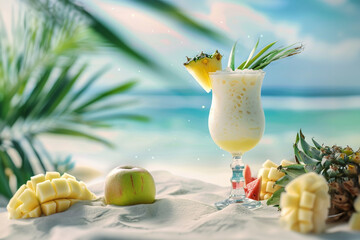Pina Colada Cocktail Drink with pineapple and coconut, summer tropical cocktail with fruits and flowers, vacation concept. High quality illustration - obrazy, fototapety, plakaty