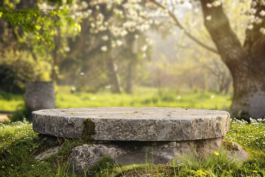 Empty stone podium in the spring scene Generative Ai 