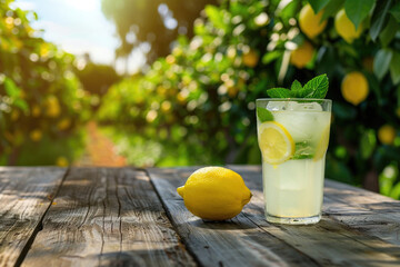 Fresh lemonade with lemon, mint and ice on the wooden table top, sunny lemon tree orchard in the background, copy space