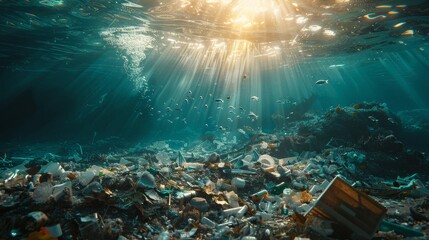 Trash contaminated ocean water under bright light highlighting pollution issue