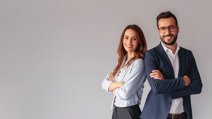 Business man and woman standing back-to-back with crossed hands against gray background, generative ai