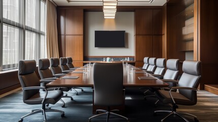 Fototapeta premium A boardroom with a long table and ergonomic chairs