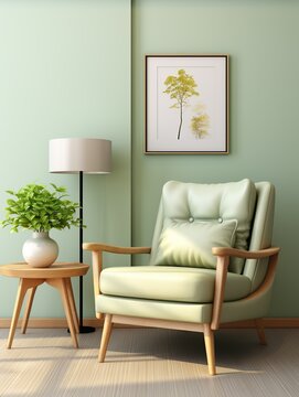 A green chair is sitting in front of a white table