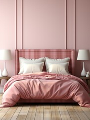 A pink bed with white pillows and a pink comforter