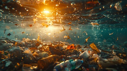 Trash contaminated ocean water under bright light highlighting pollution issue