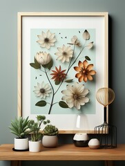 A framed picture of flowers sits on a wooden table