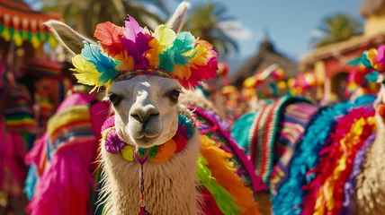 Schilderijen op glas Llama in a colorful carnival costume vibrant and festive © praewpailyn