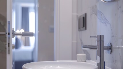 Bathroom door handles,door with stainless knob door half open in front of interior bathroom white sink of washing hands and mirror 