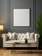A white couch is in a room with a large picture frame on the wall