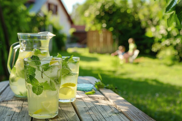 Fresh homemade lemonade with lemon, mint and ice on the table in the garden, happy children playing in the background