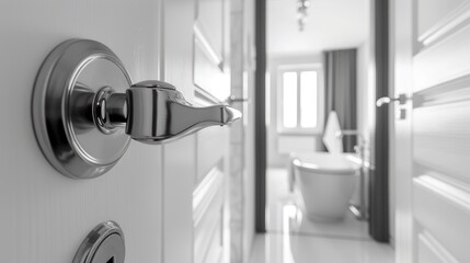 Bathroom door handles,door with stainless knob door half open in front of interior bathroom white sink of washing hands and mirror  - obrazy, fototapety, plakaty
