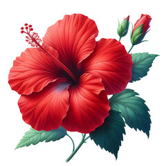 Red Hibiscus flower with leaves and buds isolated on transparent background PNG Image