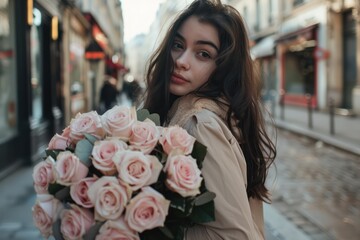 Fototapeta premium Beautiful model girl in Paris on the street with a large bouquet of roses,
