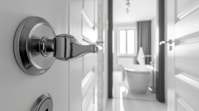 Bathroom door handles,door with stainless knob door half open in front of interior bathroom white sink of washing hands and mirror 