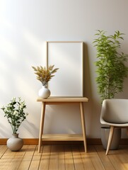 A white framed mirror sits on a wooden table in a room with a large potted plant