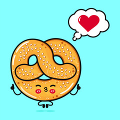 French pretzel doing yoga with speech bubble. Vector hand drawn cartoon kawaii character illustration icon. Isolated on blue background. French pretzel in love character concept