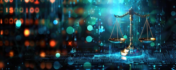 Glowing Scales of Justice on Blue Background - obrazy, fototapety, plakaty