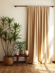 A window with a curtain and a plant in a basket