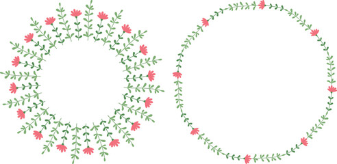Set of two vector hand drawn floral frames. Round wreath of green leaves and pink flowers.