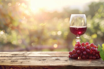 Red wine and grapes on wooden table, sunny vineyard in the background, copy space