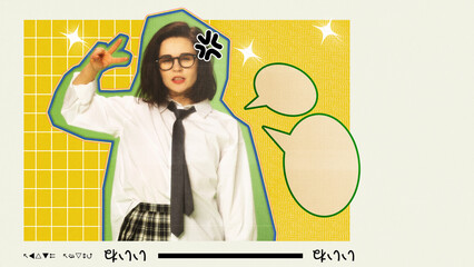 Young woman in glasses making peace sign with speech bubbles and a pop art style background....