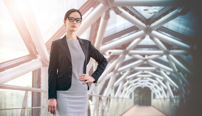 portrait of a brave beautiful self-confident business woman on  the background of a modern office...