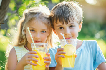 Children holding natural lemonade in park