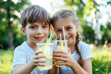 Children holding natural lemonade in park
