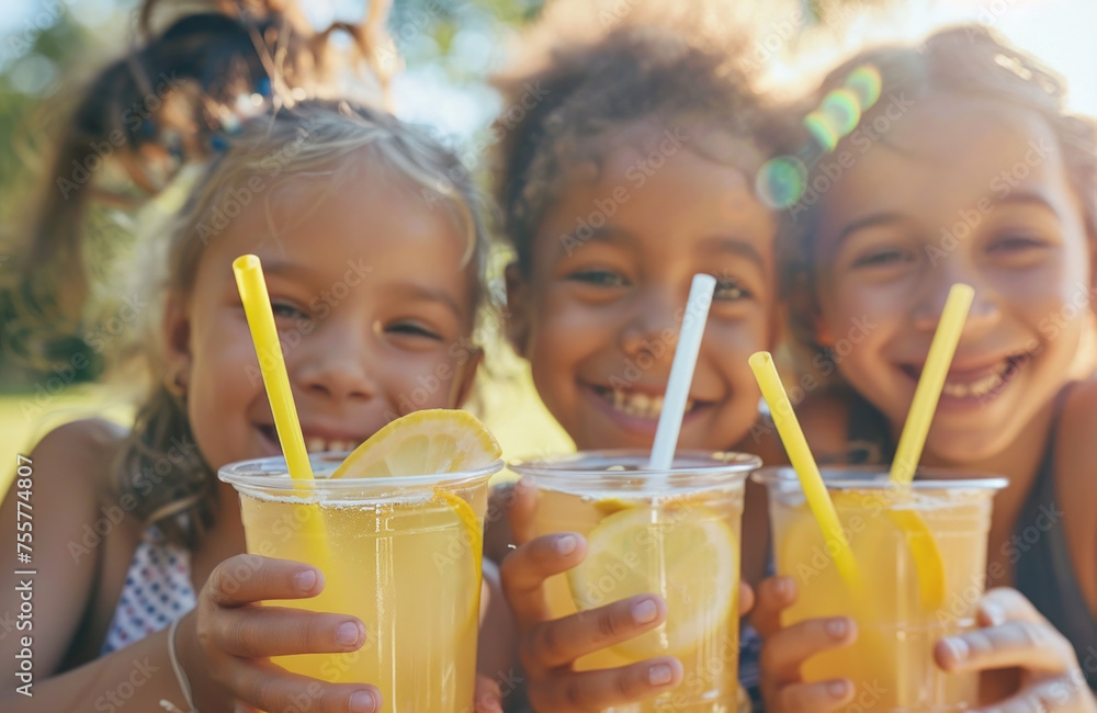 Wall mural Group of mix raced children holding natural lemonade in park