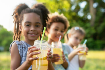 Group of mix raced children holding natural lemonade in park