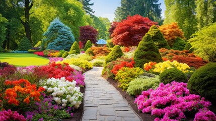 A rainbow-colored garden with blooming flowers