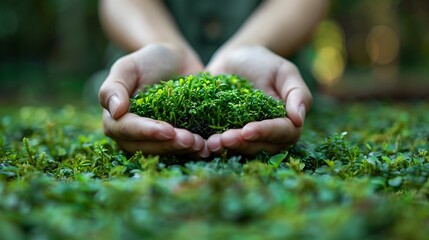 Hands Holding a Clump of Green Moss in the Forest
