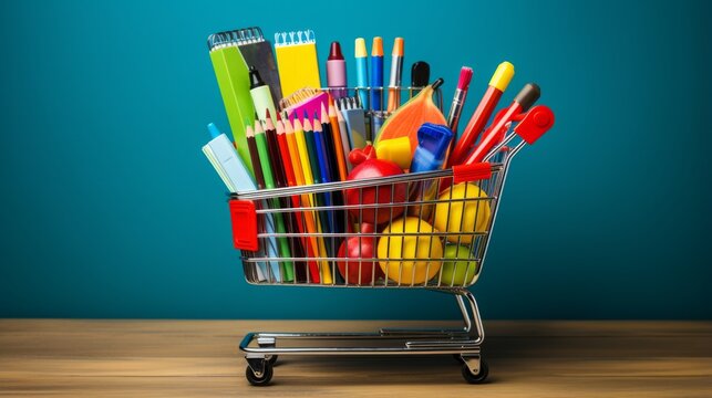 A shopping cart filled with backtoschool supplies