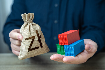 Shipping containers and polish zloty money bag. Economic growth, production and development of...