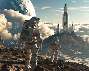 Astronauts Exploring Alien Planet with Spaceship Two astronauts in space suits trek across rocky terrain on an alien planet, with a large spaceship and Earth in the background.

 - obrazy, fototapety, plakaty