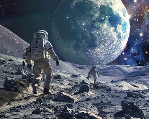 Astronauts on Lunar Surface with Earth in Background Astronauts traverse the lunar landscape with a breathtaking view of Earth rising above the moon's horizon.

