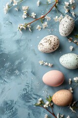 Obraz premium Happy Easter day frame background with eggs and empty copy space Generative Ai 