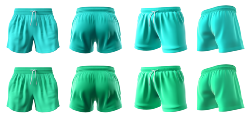 2 Set of turquoise blue green, unisex running sports shorts boxer bottom, front, back and side view on transparent background cutout, PNG file. Mockup template for artwork graphic design.	
